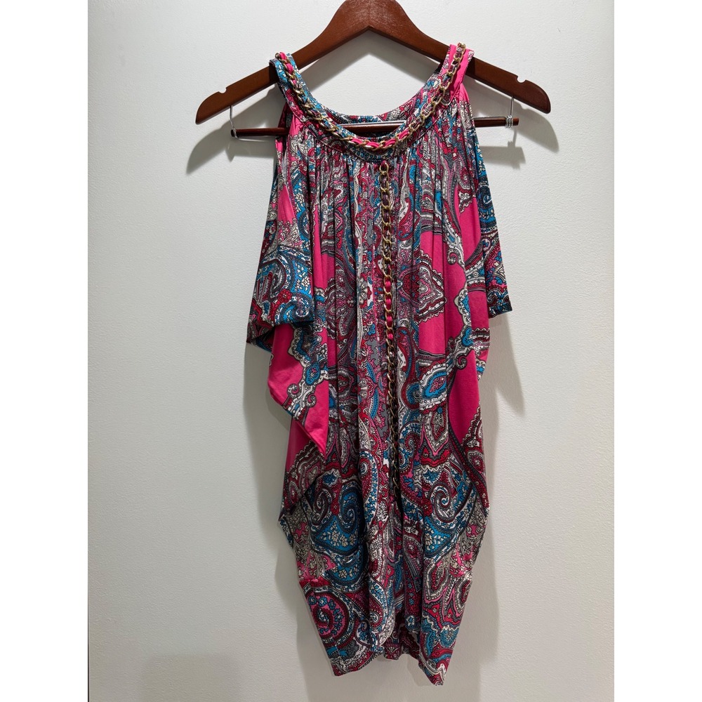 Vintage Cache Fucshia Paisley Draped Halter Top Gold Chain Trim Boho Y2K Blouse